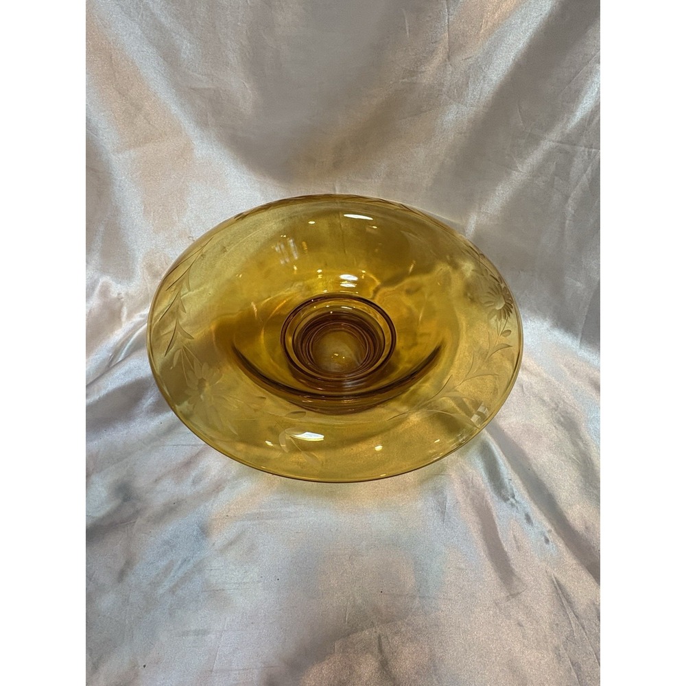 Vintage Amber Etched flower design Console Bowl Depression Glass Rolled Edge